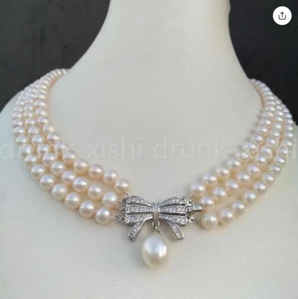 Pearl Necklaces Triple Strands 6-7mm Round Natural South Sea White Pearl Necklace 18" pendant