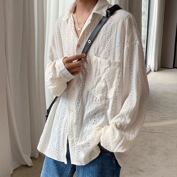 Personalized Shirts men Handsome Lapel Men Blouse Vacation Hollow Out Sexy Fashion Men Clothing Male Mesh Long sleeve Shirts 260615