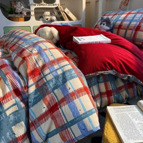 RED 3pcs PLAID Duvet Cover Set 1Duvet Cover 2case Without Coresoft fabricBedding Set D260615
