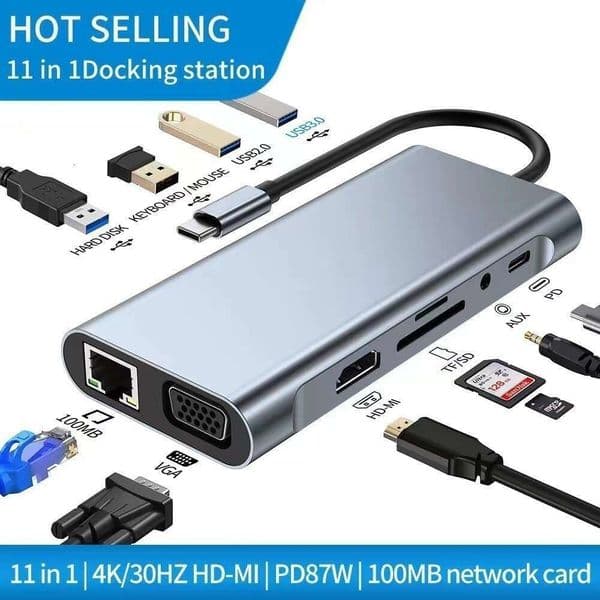 JIKEJIANG 11-in-1 Type-C Docking Station, USB3.0, 100M Ethernet Gigabit Port, Multi-Port Laptop Expansion Hub