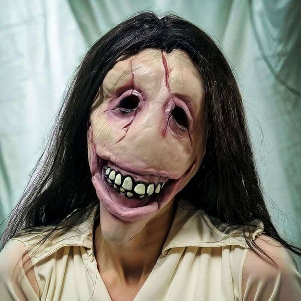 Slit Mouth Woman Mask Scary Female Ghost Hair Creepy Smile Horror Latex Face Cover Halloween Costume Cosplay Party Props Adults W260613 W260615