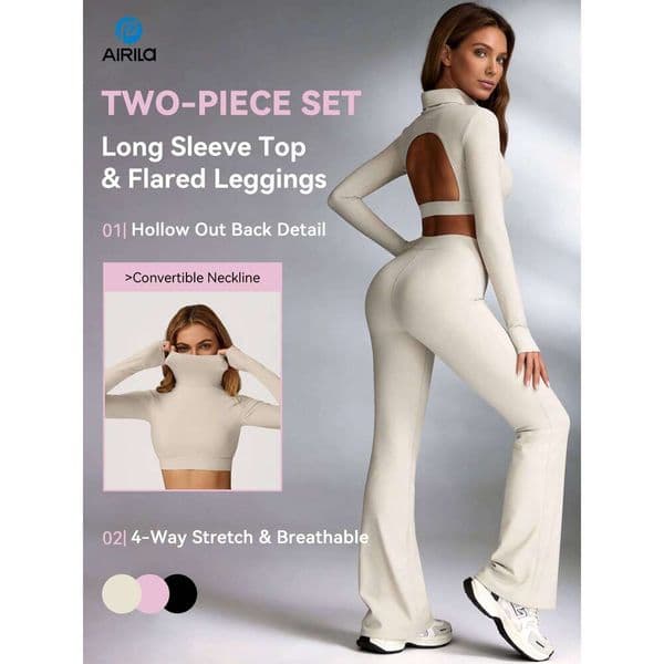 Women's Turtleneck Long Sleeve Yoga Set Back Cutout Flare Pants with Removable Pads Tummy Control Butt Lifting Gym Outfit 26Y0615