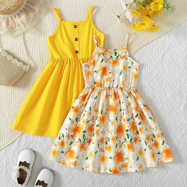 2 - Piece Sling Girls Dress Set w Solid u0026 ral Print Dresses Vibrant Summer Outfits fo Y260616