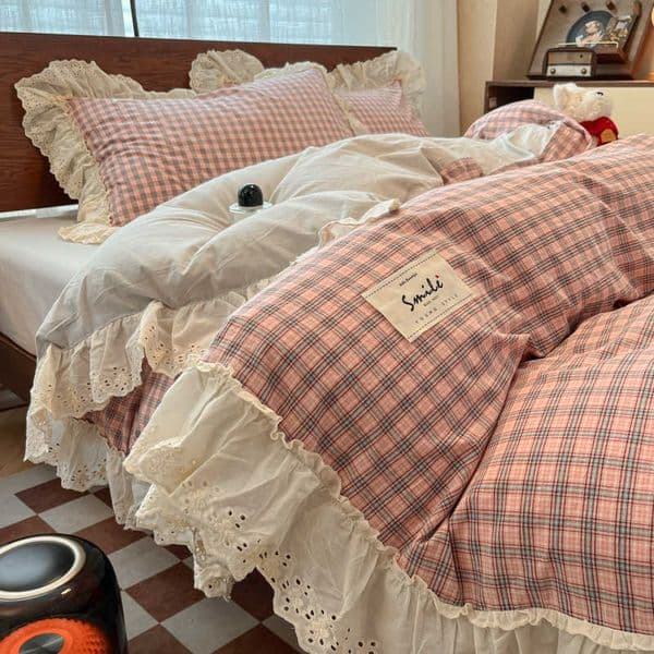 Style Korean Princess Lace Ruffles 100 Cotton Bedding Set Plaid Style Duvet Cover Set Bed Sheet/Fitted Sheet cases 3/4Pcs D260616