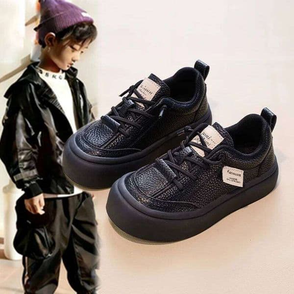 Children's Fashion Sneakers 3-18 Years Old Black Leather Boys Girls Casual Lightweight Non-slip Kids Baby Single Shoes W260616