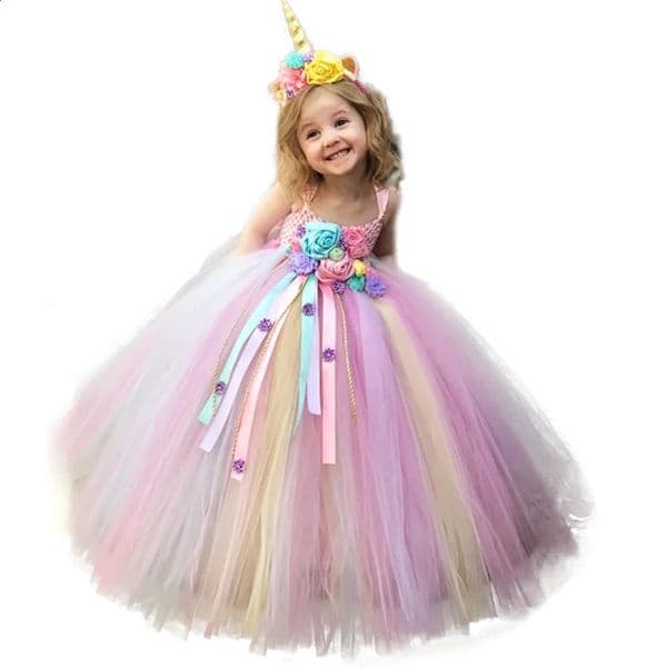 Girls Pastel Unicorn Flower Tutu Dress Kids Crochet Tulle Strap Dress Ball Gown with Daisy Ribbons Children Party Costume Dress 260616