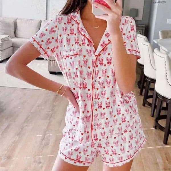 Pajama Set Women's Pajama Set Easter Monkey Cartoon Pajama Set Women's Clothes Single breasted Short sleeved Shirt Top Shorts 2-piece Set Casual Wear