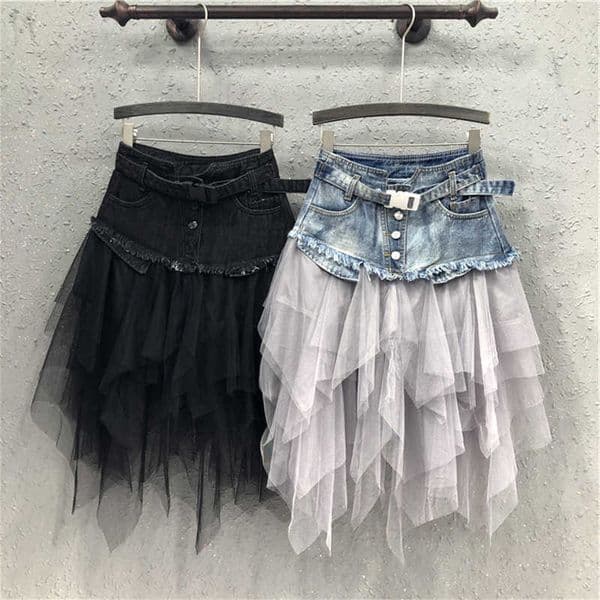 Skirts Jeans Tulle Asymmetrical Denim Womens High Waist Long Mesh Pleated Midi Gothic Skirt with Pockets Belt Tutu Jupe 2026 C260616