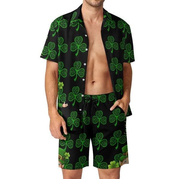 St Paddys Day Green Shamrock Shirt Sets 3D Print Men Casual Fashion Short Sleeves Shirts Oversized Hawaiian Beach Suits Clothing 260615