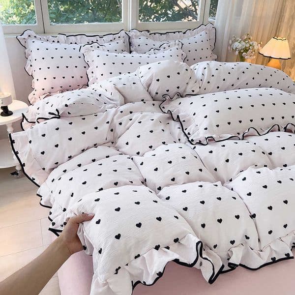 Print Heart Duvet Cover Set Princess Style Lace Ruffles Bedding Set Queen King Skin Friendly Soft Quilt Cover Sheet cases D260616