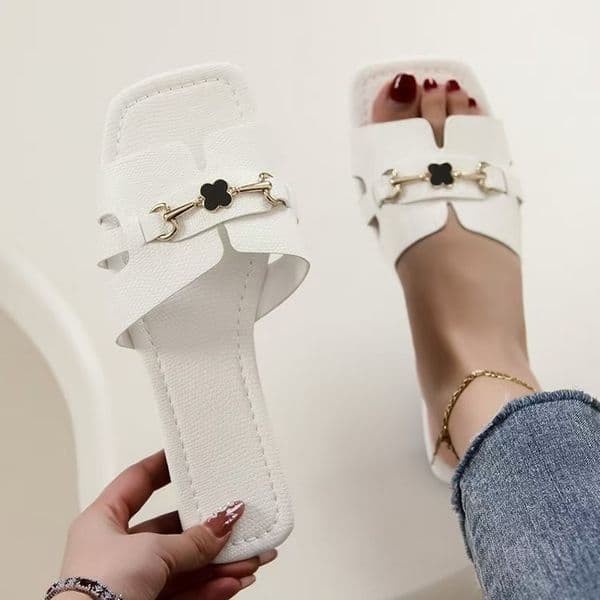 Free shipping plus extra size rhinestone metal buckle square toe flat slippers for women, 2026 summer new sandals and slippers