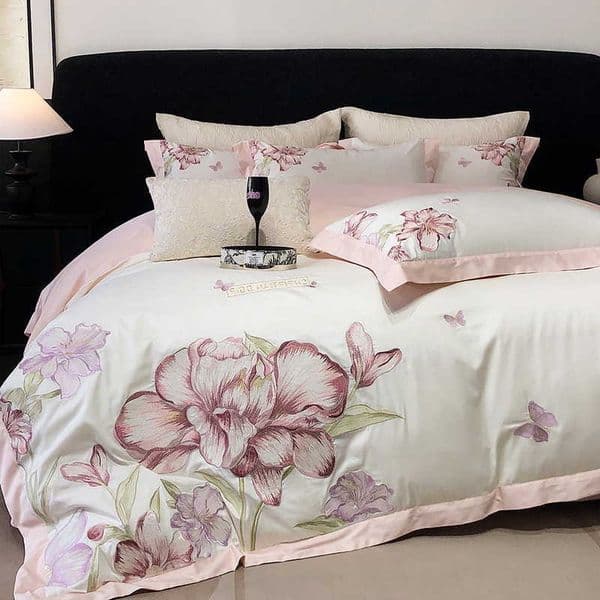 Flowers Blooming Embroidery Bedding Set 600TC Egyptian Cotton Duvet Cover Set Bed Sheet/Fitted Sheet cases Queen King Size D260616