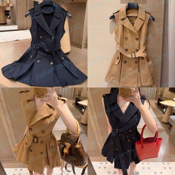 Designer dresses for women Sleeveless Trench Mini Dress Double Breasted Lapel Collar Belted Waist Vest Dress Classic Senior Slimming Vacation Summer Casual Dress