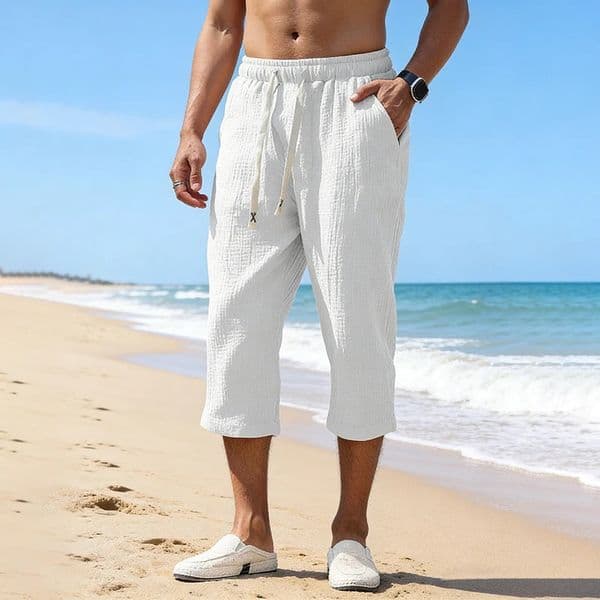 Summer Men Linen Capris Pants Drawstring Waist Loose Solid Color Casual Trousers For Daily Beach Vacation Outdoor Travel Wear 260615