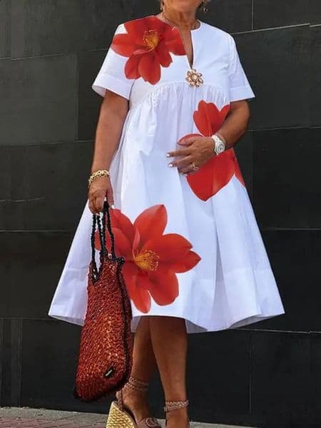 Modigirl Womens Summer Dress VNeck Pleated Short Sleeves White Loose Flower Print Casual Midi Dresses for Woman 260615