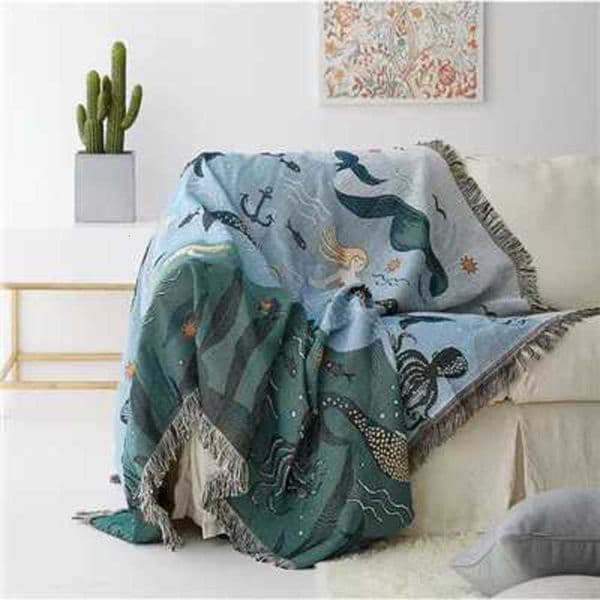 City Textile Mermaid Woven Throw Blanket Boho Nautical Tapestry with Tassels for Sofa Cover Decorative Blanket for Living R Y260616