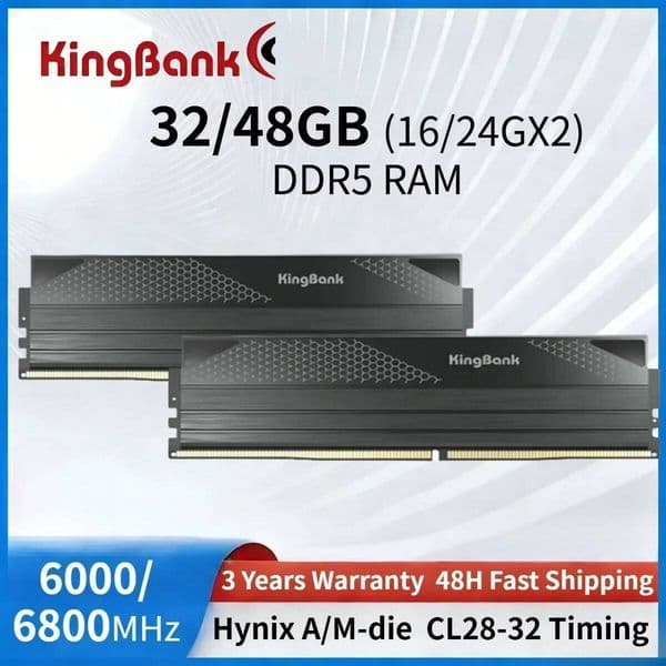 Original KingBank RAM DDR5 16/24GBX2 6000/6800MHz CL28-32 Hynix Chip M/A-die Desktop Gaming Memory with Black Heat Sink Memoria thumbnail 2