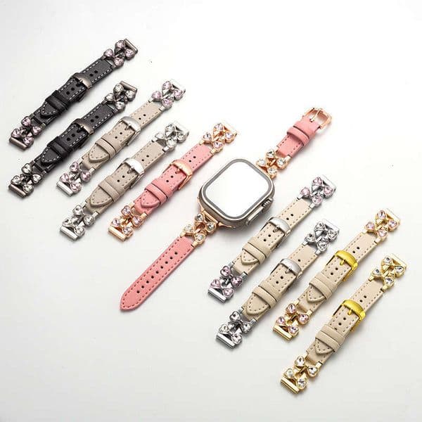 Rhinestone Bow Leather Watch Band for Women, Elegant Luxury Bowknot Strap Compatible with Apple Watch Series 10 All Models
