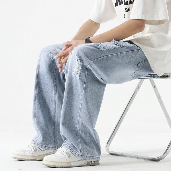 Mens Summer Ripped Jeans Loose Straight Leg Retro Men Draw Rope Port Fashion All-match Casual Pants 260613