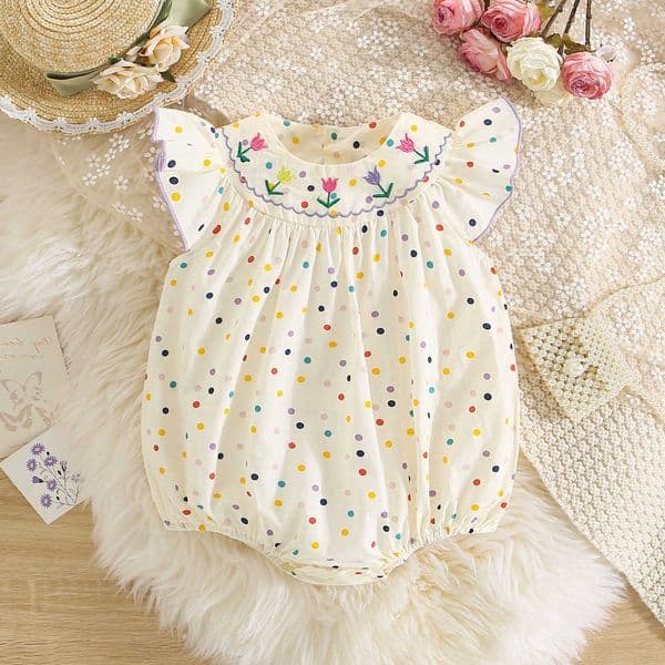 To Baby Jumpsuit For 3 18 Months Flower Embroidered Colorful Polka Dots Printed Bodysuit M260616