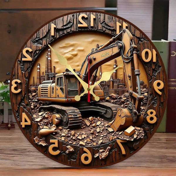 Excavator Industrial Wooden Round Silent Hanging Wall Clock Suitable For Living RoomOfficeStudy RoomBedroom Home Decoration D260617