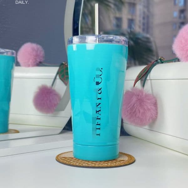 Glossy Cyan Stainless Steel Tumbler with Straw Insulated Travel Water Cup for Coffee Daily Outdoor Use