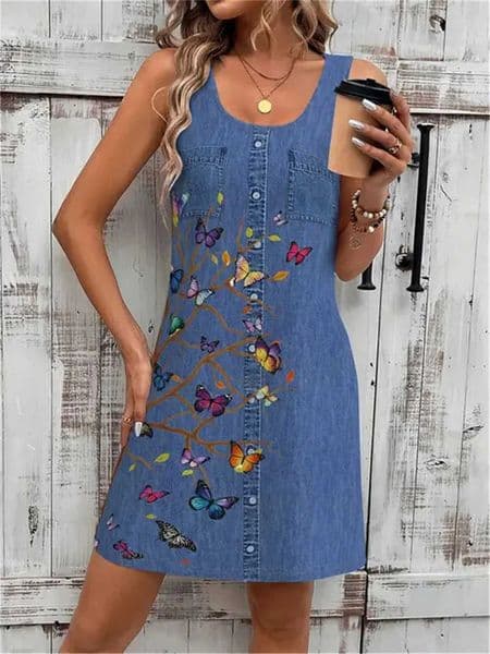 New Summer Cowboy Style Women Mini Dresses Sleeveless 3D Printed Street Fashion Ladies Dress 3XL Plus Size Loose Casual Dress J260617