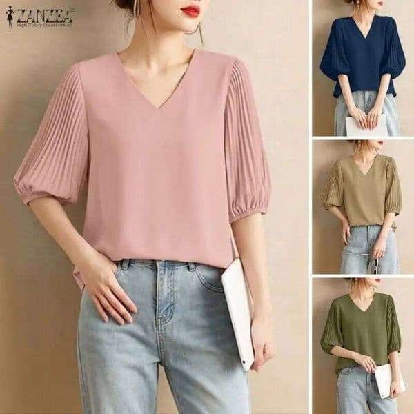 2026 ZANZEA Women Summer Blouse Stylish V Neck Short Sleeve Tops Elegant Casual Solid Pleated Work Shirt Loose Holiday Mujer