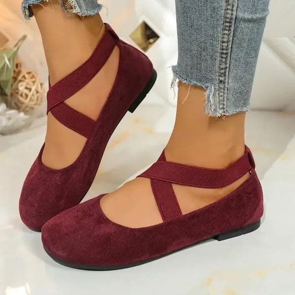 French Retro Red Suede Ballet Flats Women 2026 Spring Cross Strap Flat Heel Red Velvet Mary Jane Shoes Plus Size Womans Loafers 260617
