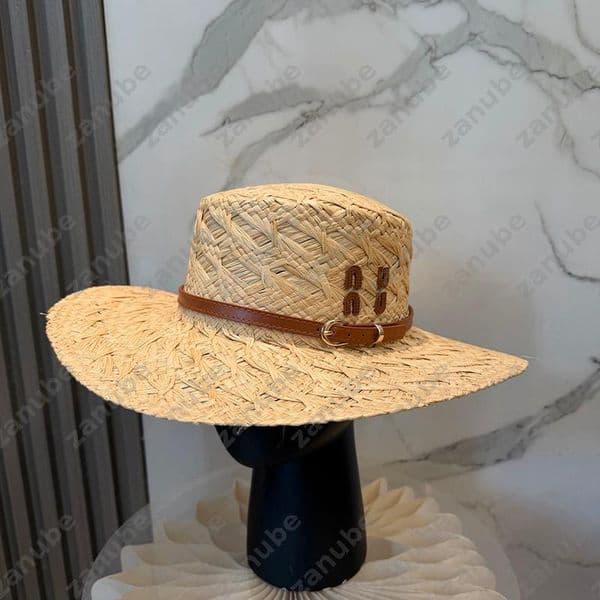 Women Flat Straw Bucket Hat Leather Belt Cap Wide Brim Sun Hats Beach Vacation Designer Bucket Hat Summer Headwear Outdoor Beach Hats
