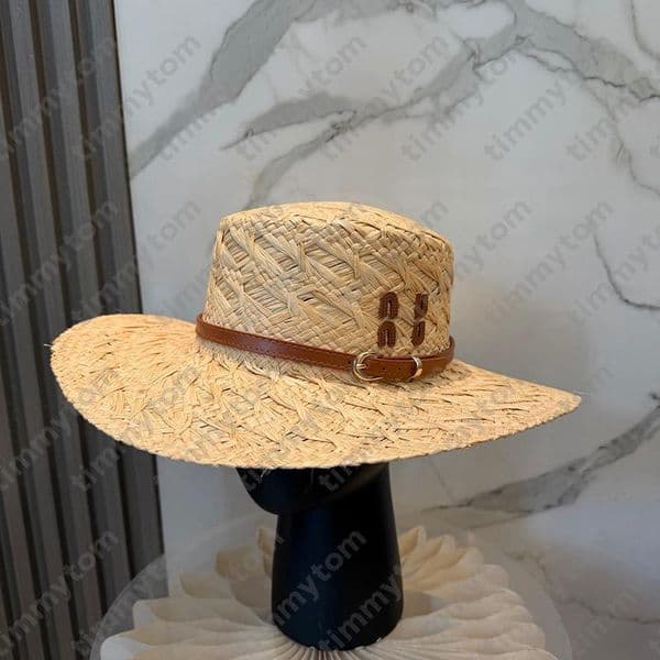 Women Flat Straw Bucket Hat Leather Belt Cap Wide Brim Sun Hats Beach Vacation Designer Bucket Hat Summer Headwear Outdoor Beach Hats thumbnail 2