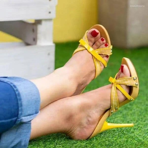 Sandals Green Yellow Bowknot Decor Slippers Open Toe Stiletto Heels Fashion Casual Summer Women Shoes Zapatos Para Mujere