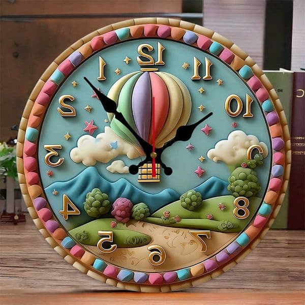 Hot Air Balloon Wooden Round Silent Hanging Wall Clock Suitable For Living Room Office Study Room Bedroom Home Decoration D260617