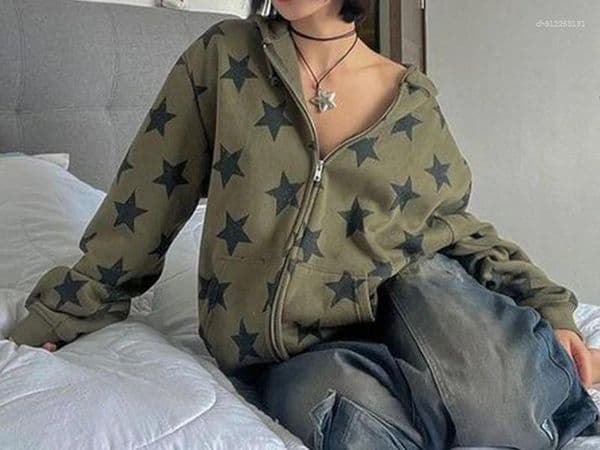 Women's Hoodies 2026 Autumn And Winter Star Printed Casual Fashion Cardigan Hooded Couple Hoodie Jacket