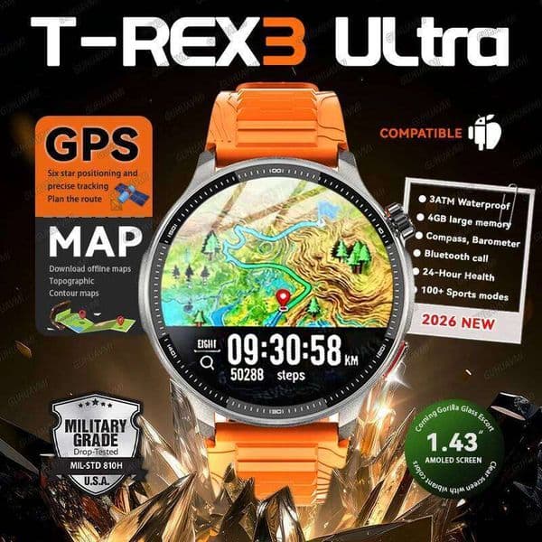 Newly T-Rex3 Ultra 4GB Memory GPS Sports Smart Watch Offline Map 1.43" AMOLED Display 3ATM Flash Charge Fitness Call Smartwatchs 26Y0617