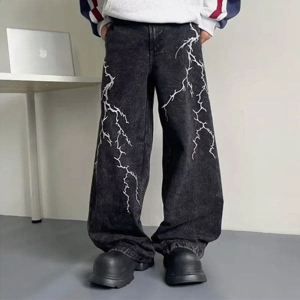 Cyber Y2K Streetwear Embroidery Lightning Black Baggy Jeans Pants Men 90S Vintage Clothes Wide Leg Hip Hop Long Trousers 260615