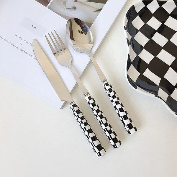 3Pcs Stainless Steel Knife Spoon Fork Set with Checkerboard Lattice Glossy Ceramic Handle Kitchen Dinnerware Cutlery Set 260617