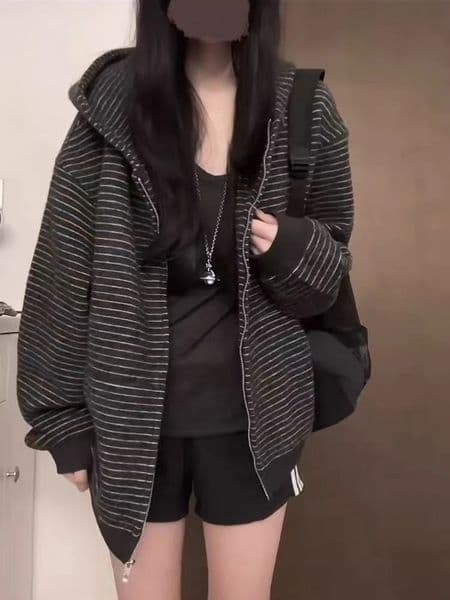 2000S American Vintage Striped Loose Long Sleeve Hooded Sweatshirt Y2k Subculture Casual Zip Up Cardigan Harajuku Coats 260617