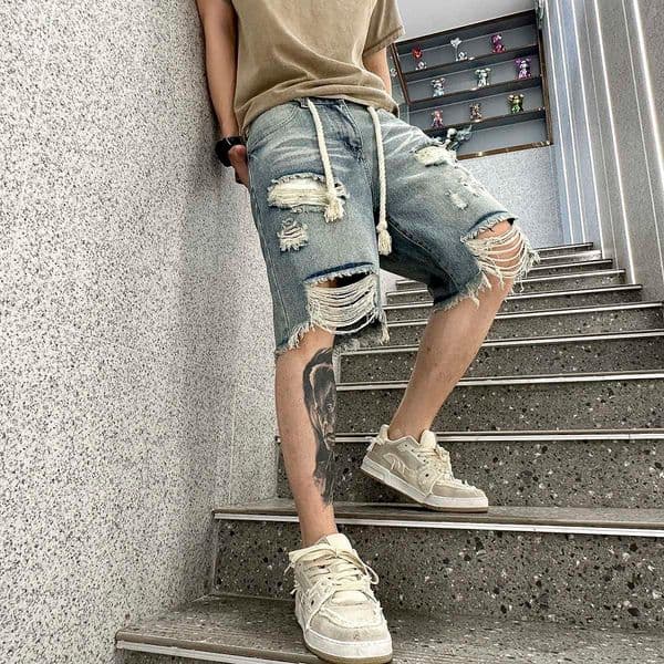 Shorts Denim Mens High Ripped Waist Distressed Jean Shorts Baggy Loose Fit Knee Length Streetwear Vintage Blue Shorts with Rope M260617