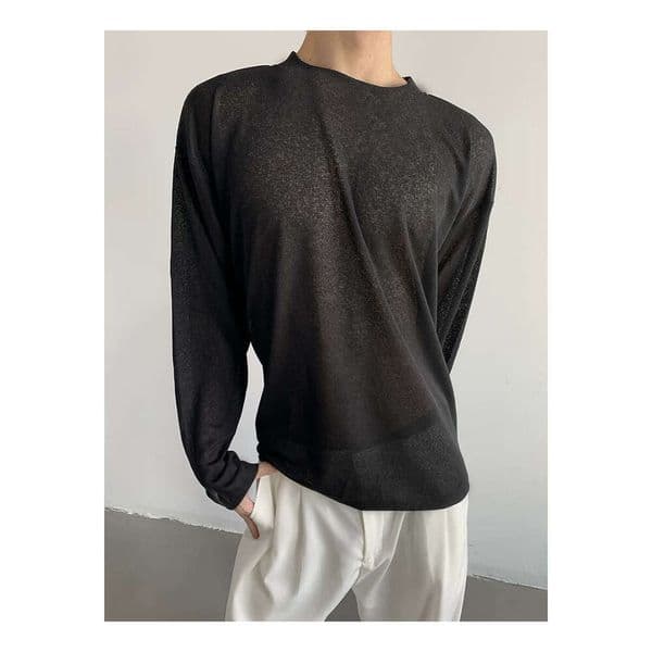 Men's Tencel Linen Knit Shirt with a Relaxed Fit, Loose Long-Sleeve T-Shirt, Lightweight and Slightly Sheer with Hollow Mesh Overlay, Trendy