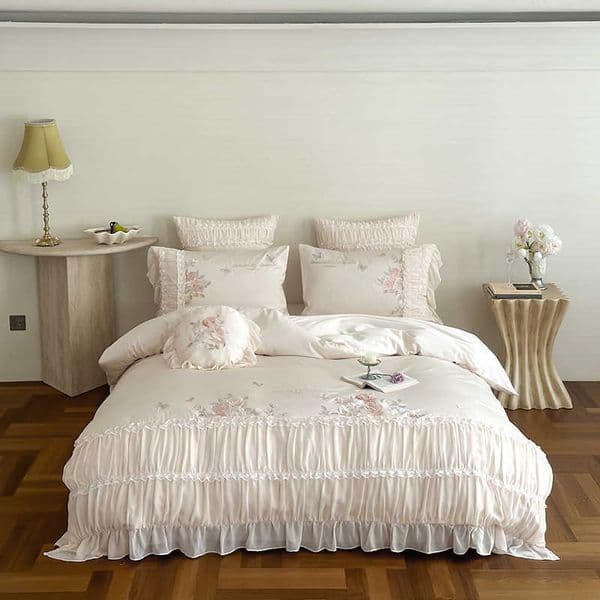 Egyptian 1000TC Cotton Rose Flower Embroidery Pleated Ruffles Lace Bedding Set Duvet Cover Flat/Fitted Bed Sheet case 4Pcs D260617