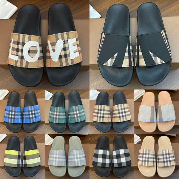 Free shipping check slides designer snadals women men slippers luxury sliders stylish summer beach outdoor shoes beige black blue