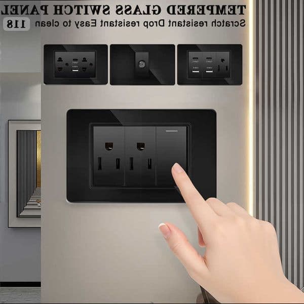 Tempered Glass Panel Mount 11875mm US/Thai Wall Socket with Dual USB Type-C Ports Light Switch - 110VR260617