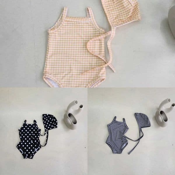 New perfume Baby Kids 2026 Onepiece Swimwear With Hat Toddler Girls Dot ral Suspenders Swimming Suit Summer Beach Wear cologne 2604 Y260617