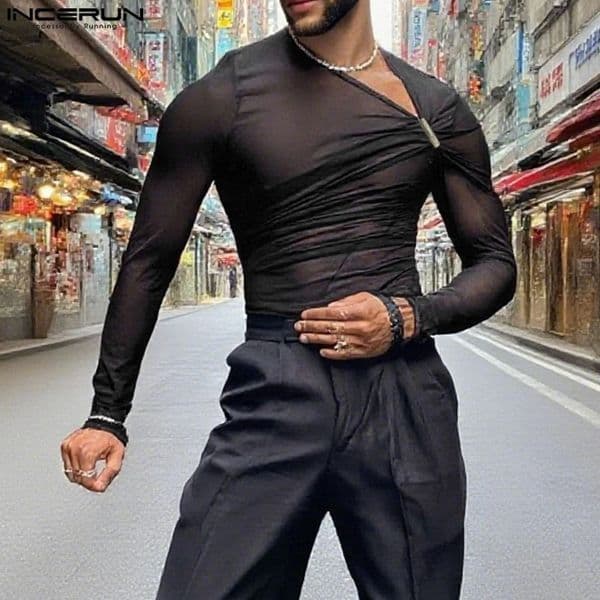 INCERUN Men T Shirt Mesh See Through V Neck Long Sleeve Sexy Male Tee Tops Streetwear Pleated Fashion Casual Men Clothing 260616