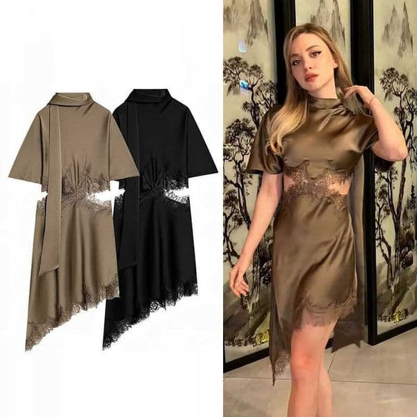 Lace Womens Dresses Fashion Satin Mini Dress Summer Women Asymmetric Cut out Dress Female Elegant Party Dresses S260617