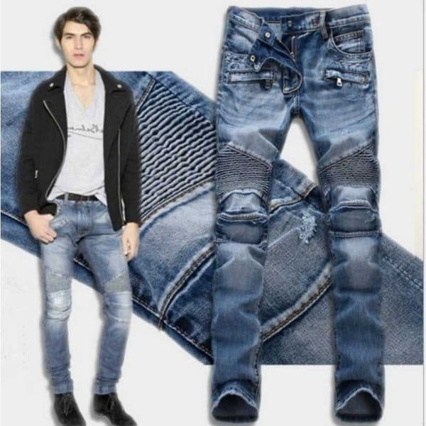 Mens Jeans Men Blue Male Stretch Fit Denim Long Folds Trousers Good Quty Straight Slim Pants Size 42 L26