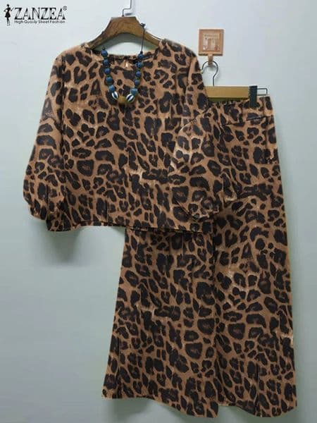 ZANZEA Spring Leopard Printed Matching Sets 3/4 Sleeve O-Neck Blouse Casual Trousers 2PCS Woman Fashion Party Suit Oversized 260613