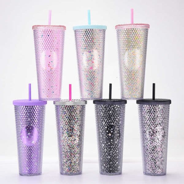 Plastic 24 oz Tumbler Double Flat Bottom Glasses with Lid and Straw 710ml Laser Gradient Rainbow Glasses Transparent Gold Cup C260617