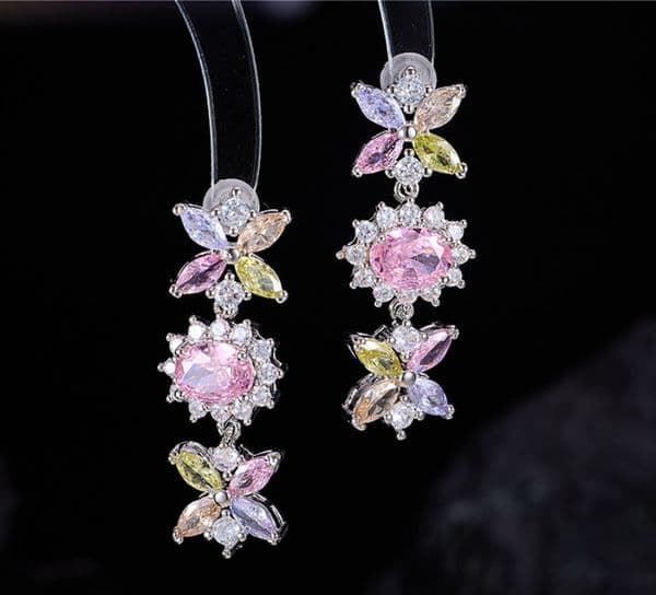 designer 2026 Multi Color Floral Crystal Long Drop Earrings Oval Pink Center Gemstone Double Flower Tiered Dangle Earrings Wedding Banquet Ear Jewelry
